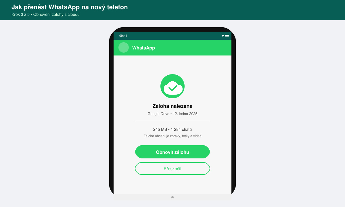 Obrazovka WhatsApp na novém telefonu s tlačítkem pro obnovení zálohy z Google Drive