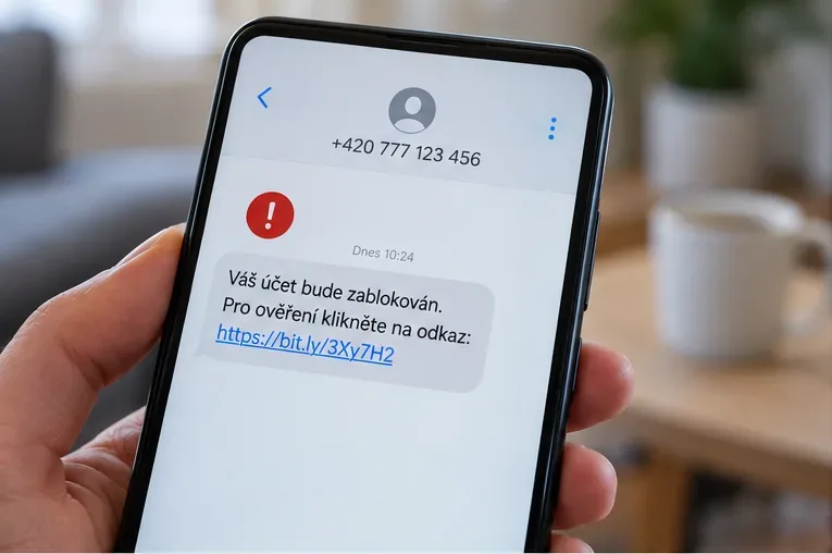 Telefon se zprávou v češtině, která hrozí zablokováním účtu a vyzývá ke kliknutí na podezřelý zkrácený odkaz