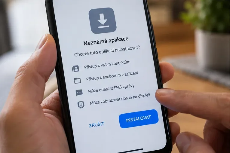 Telefon s obrazovkou instalace neznámé aplikace a seznamem citlivých oprávnění k souborům, kontaktům a zprávám