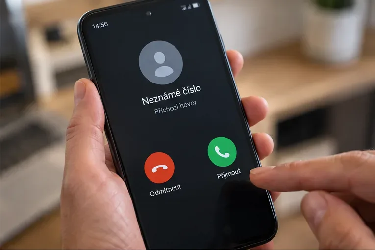 Smartphone s příchozím hovorem z neznámého čísla a prstem mířícím na odmítnutí hovoru