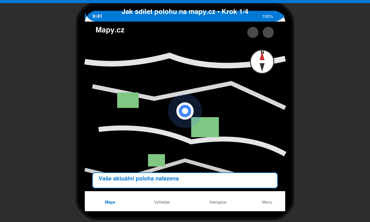 Mobilní obrazovka Mapy.cz se zaměřenou polohou