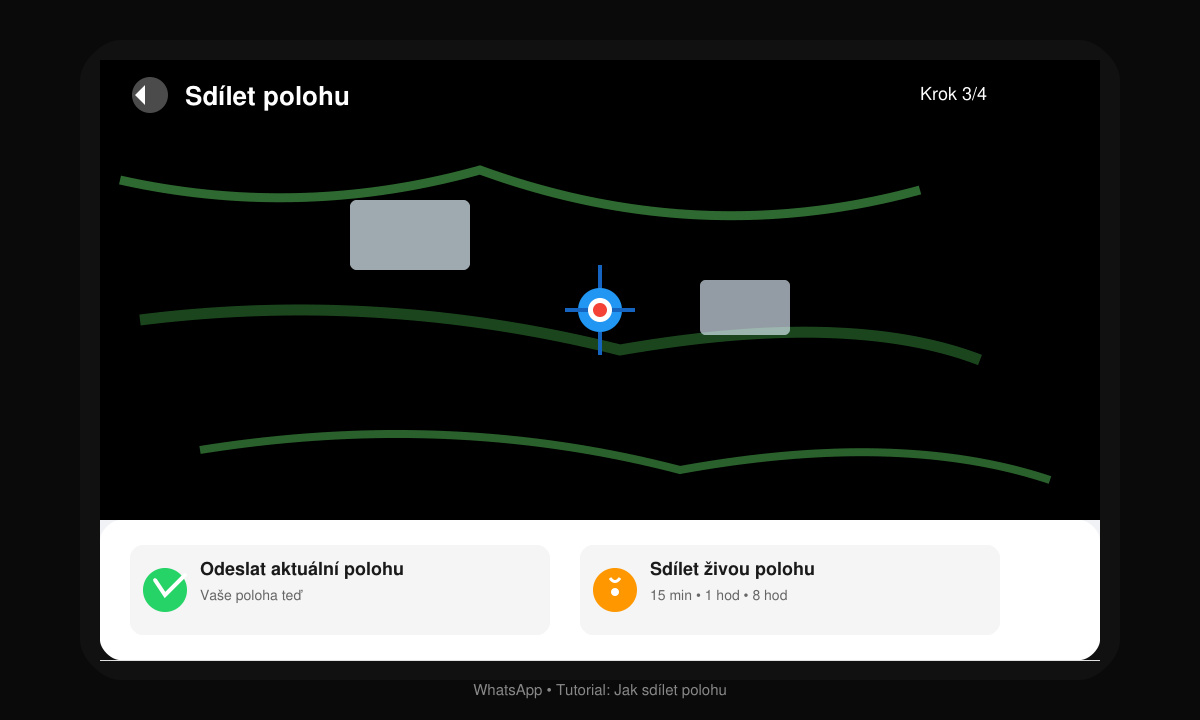 Mapa s možností sdílení živé polohy v WhatsApp