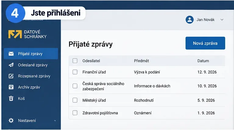 Ilustrační zobrazení klientského portálu po přihlášení s přehledem přijatých zpráv