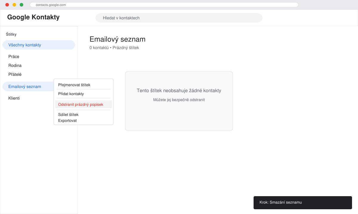 Smazání prázdného seznamu emailů v Google Kontaktech