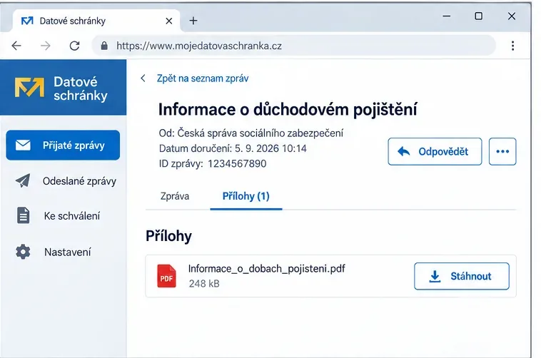Detail datové zprávy se sekcí Přílohy, PDF souborem a tlačítkem Stáhnout.