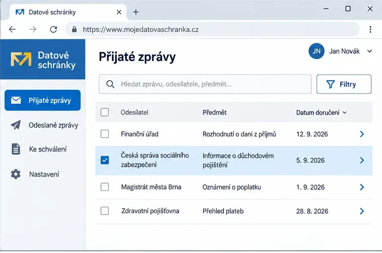 Seznam přijatých datových zpráv s vybranou zprávou a údaji o odesílateli, předmětu a datu doručení.