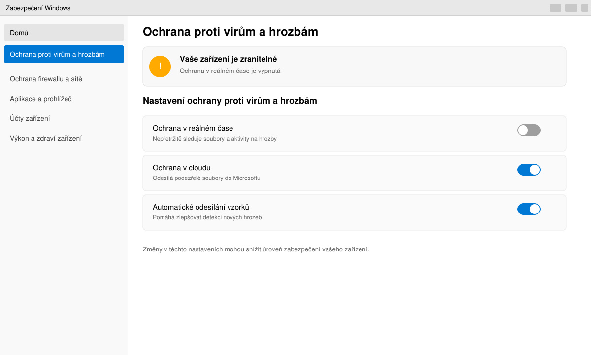 Vypnutá ochrana v reálném čase v Microsoft Defender