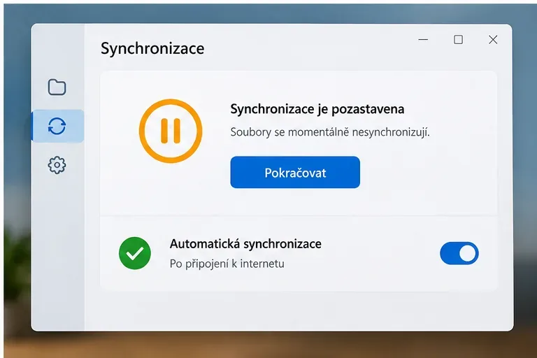 Okno cloudové synchronizace s upozorněním, že synchronizace je pozastavená, a tlačítkem pro pokračování
