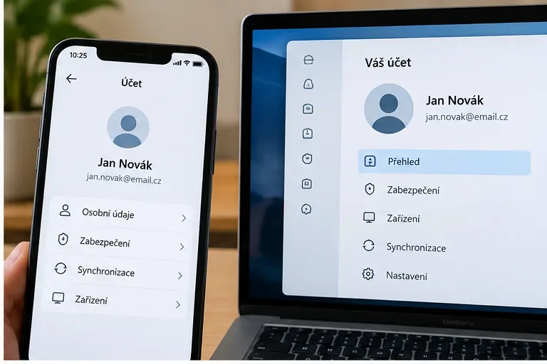 Telefon a notebook se stejným zobrazeným uživatelským účtem pro kontrolu přihlášení