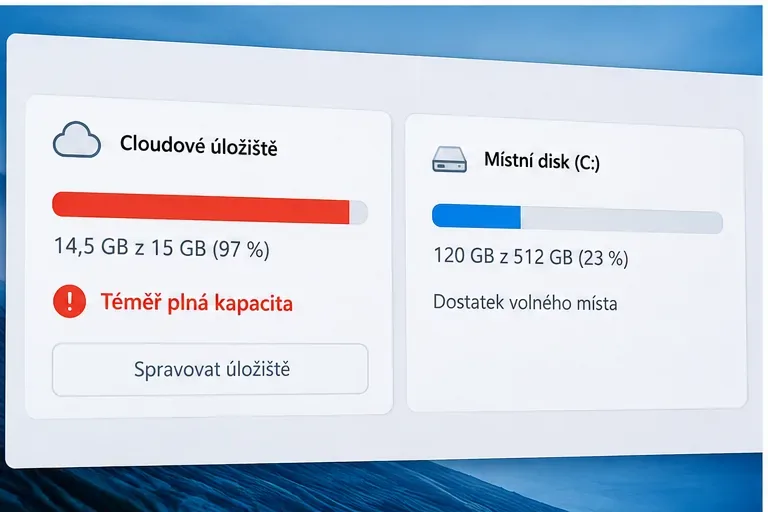 Porovnání téměř plného cloudového úložiště a volného místa na místním disku počítače