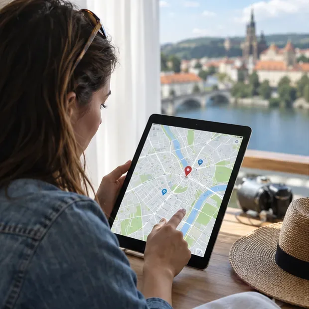 Cestovatelka kontroluje na tabletu mapu města s vyznačenými body v okolí hotelu