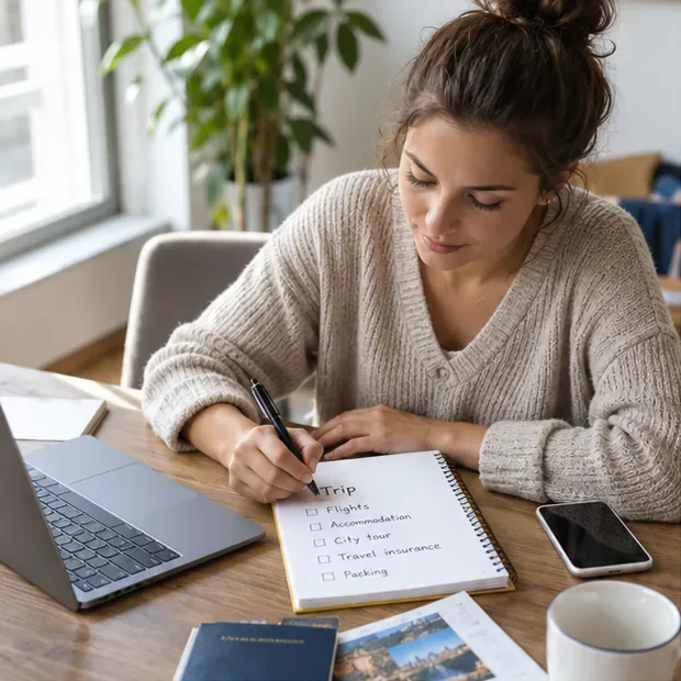 Cestovatelka si u notebooku zapisuje požadavky na plánovanou cestu