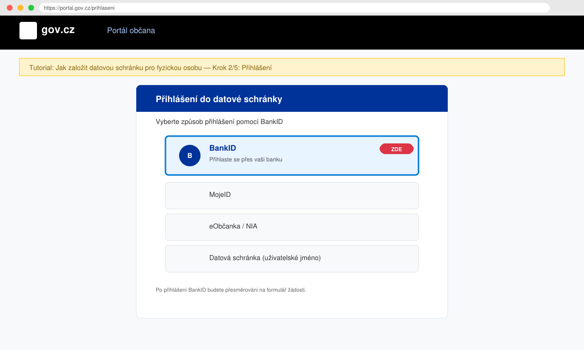 Screenshot of the login screen on portal.gov.cz with BankID option highlighted