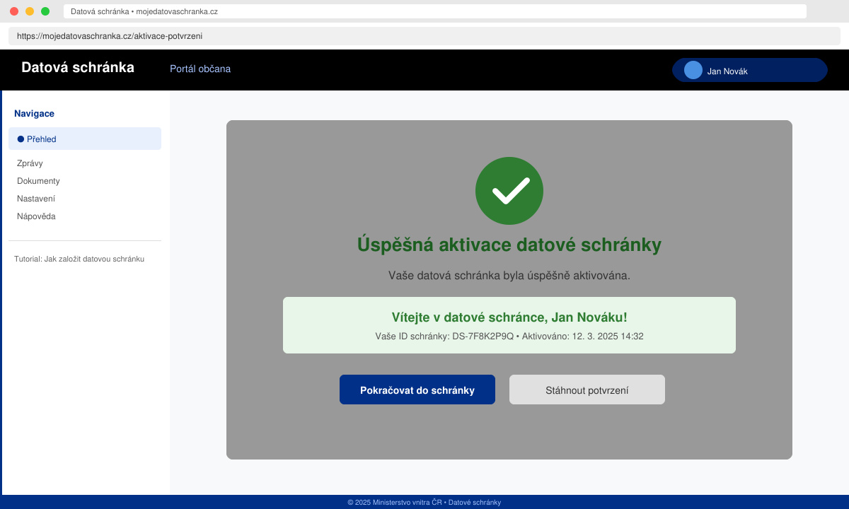 Confirmation screen after successful activation of the data box with welcome message