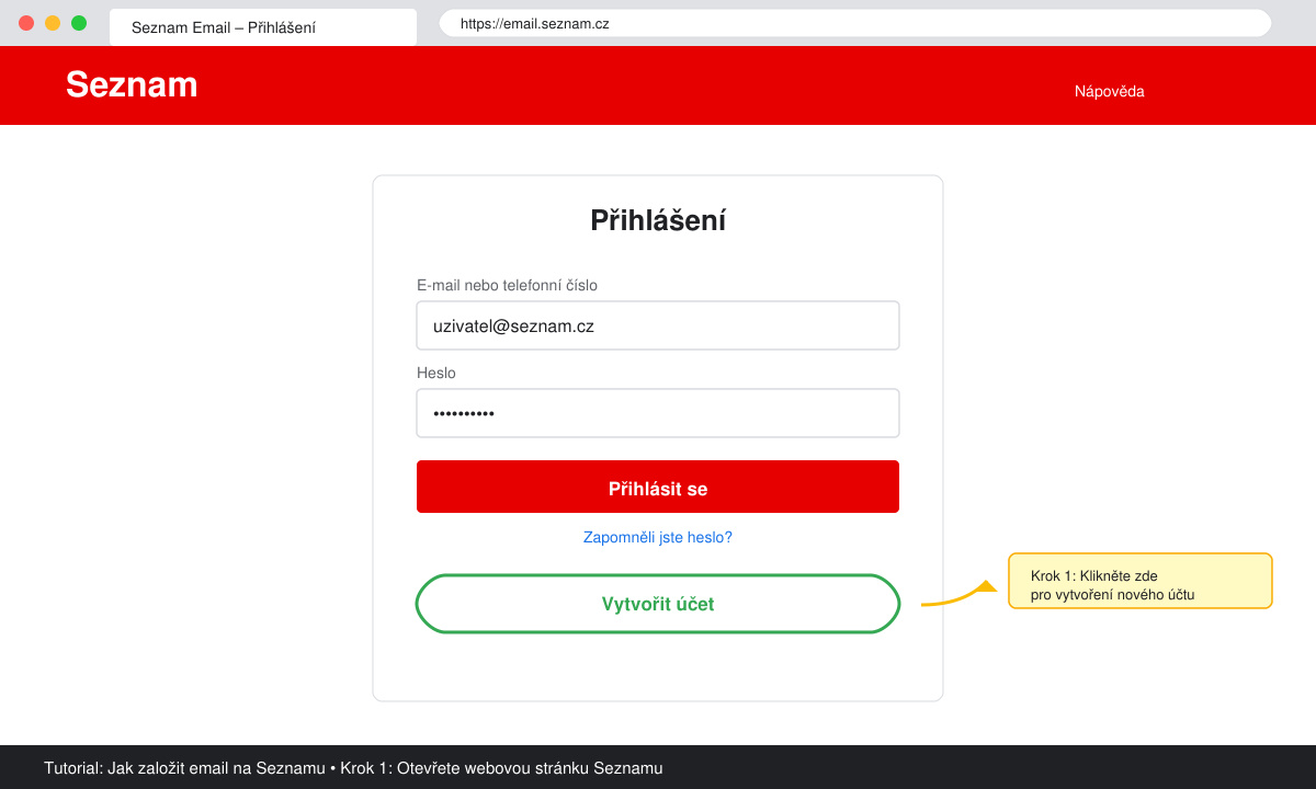 Screenshot of the Seznam login page with the create account button visible