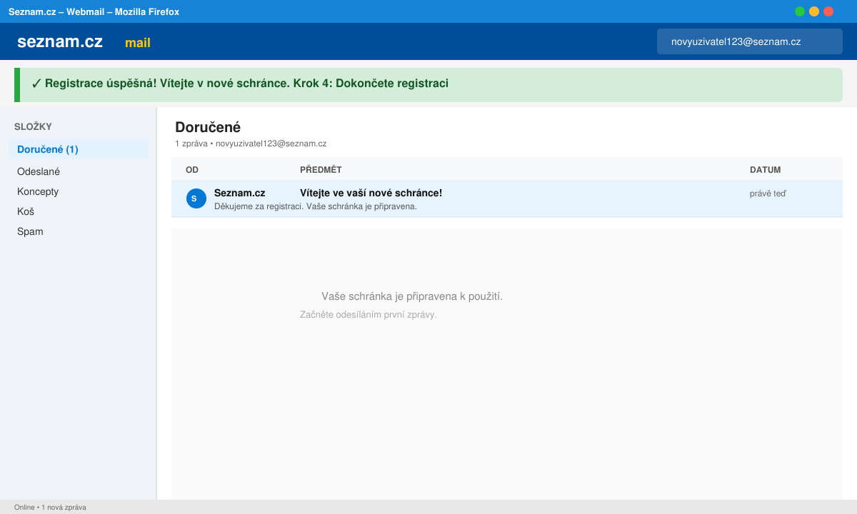 Image of the successful registration confirmation screen in Seznam email