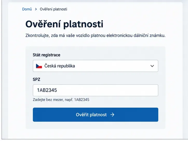Ilustrační formulář pro ověření dálniční známky s poli Stát registrace a SPZ