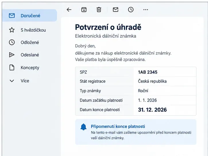 Ilustrační e-mail s potvrzením o úhradě elektronické dálniční známky a údaji o její platnosti