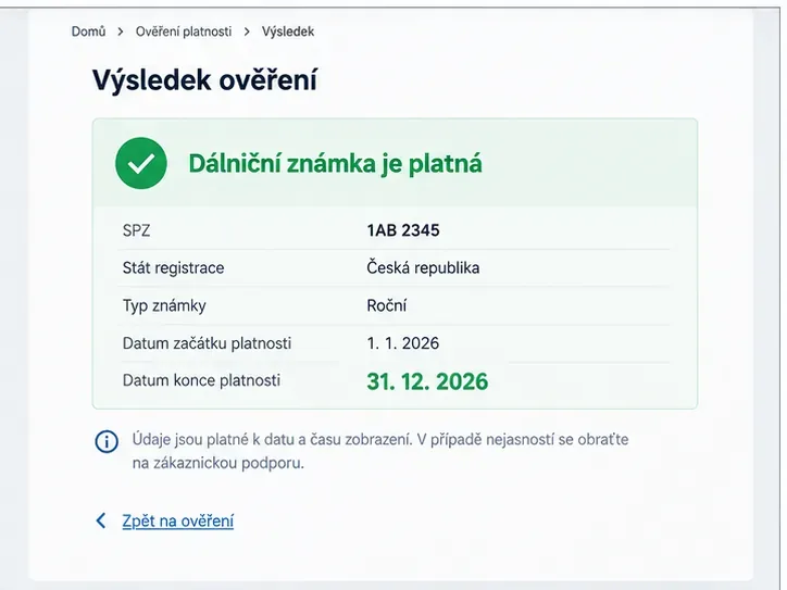 Ilustrační výsledek ověření s informací, že dálniční známka je platná, a s datem konce platnosti