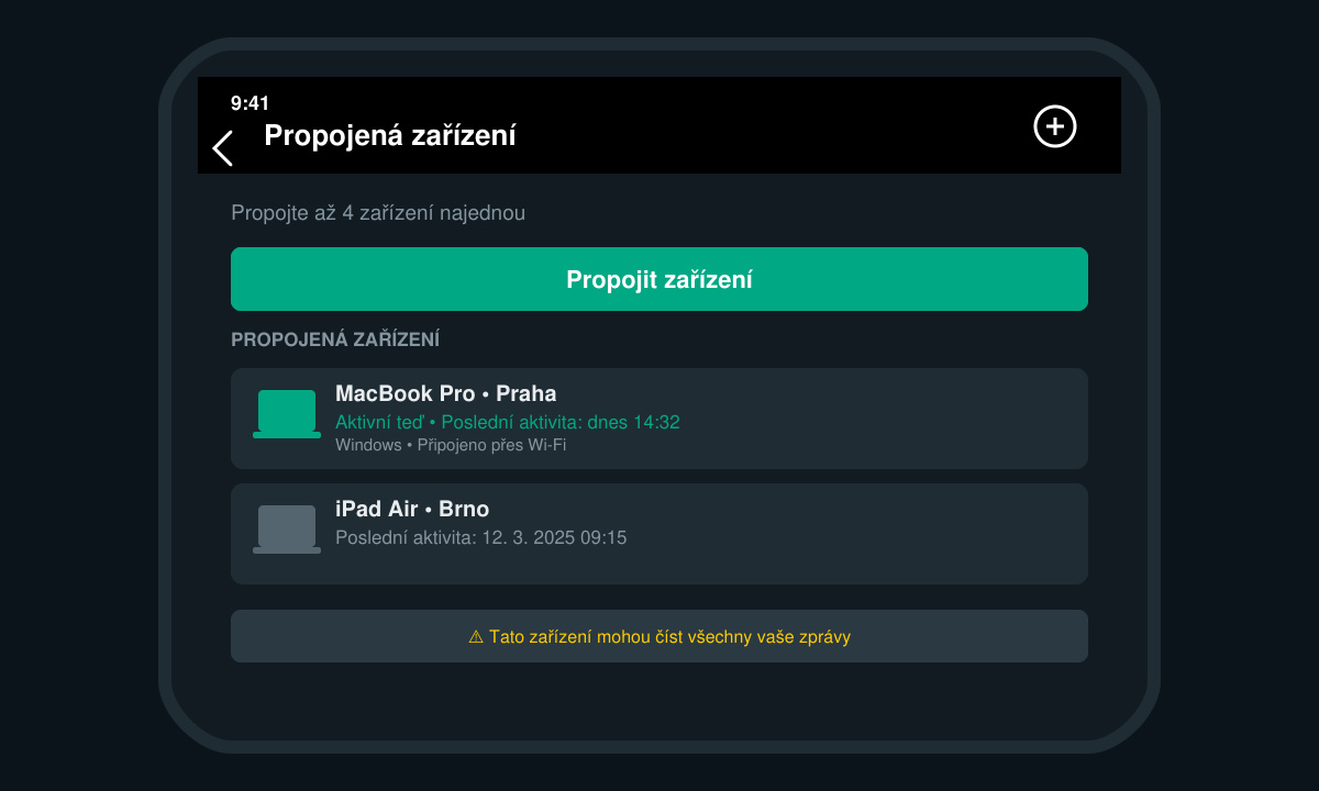 Snímek obrazovky WhatsApp nastavení s otevřenou sekcí propojená zařízení