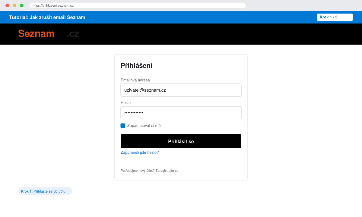 Screenshot of Seznam.cz login page with fields for email and password highlighted
