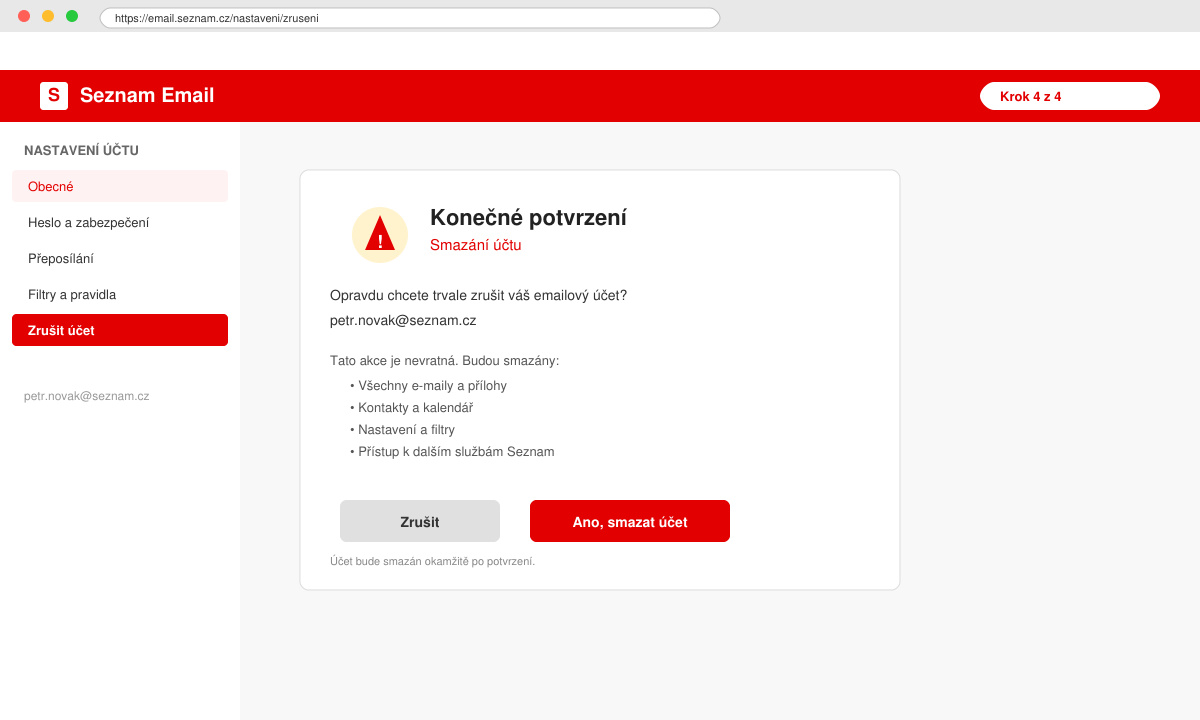 Confirmation screen on Seznam.cz showing the final step before account deletion with warning message