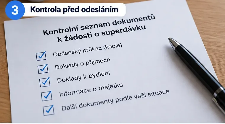 Kontrolní seznam dokumentů k superdávce s položkami k příjmům, bydlení, majetku a dalším okolnostem