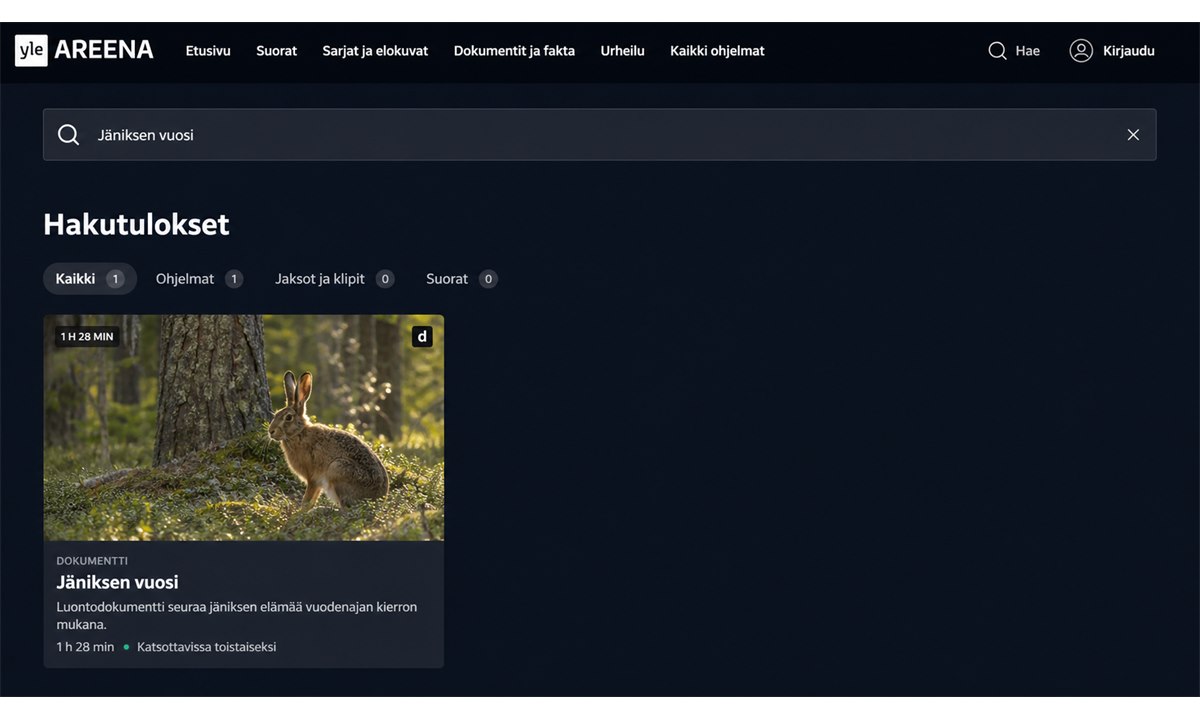 Jäniksen vuosi -elokuvan hakeminen Yle Areenassa