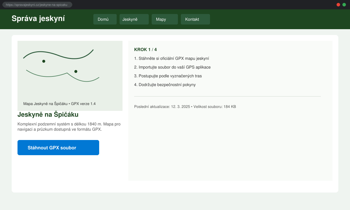 Obrazovka webu s tlačítkem pro stažení mapy Jeskyní na špičáku