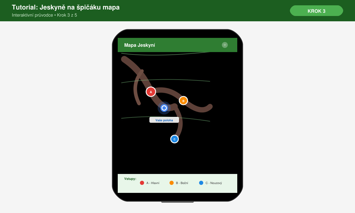 Mobilní obrazovka s načtenou mapou Jeskyní na špičáku a trasou