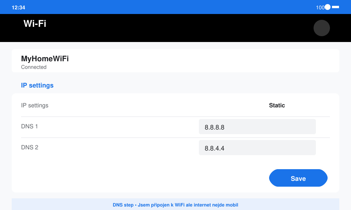 Snímek obrazovky nastavení WiFi na Androidu s ručně zadanými DNS adresami 8.8.8.8 a 8.8.4.4