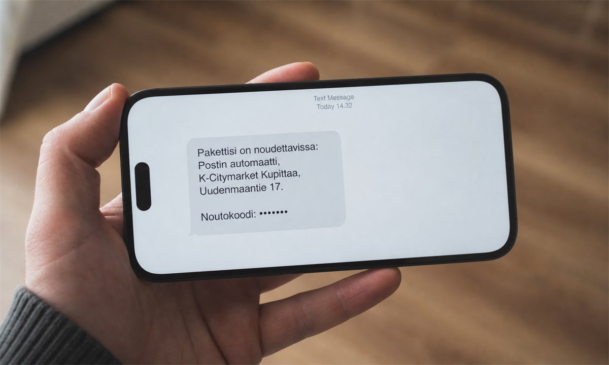 Paketin saapumisilmoitus tekstiviestinä noutotunnuksella