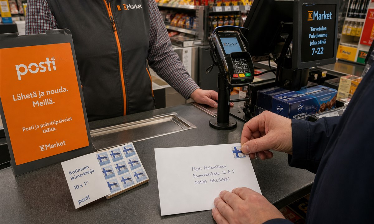 Postimerkkien osto K market kassalla