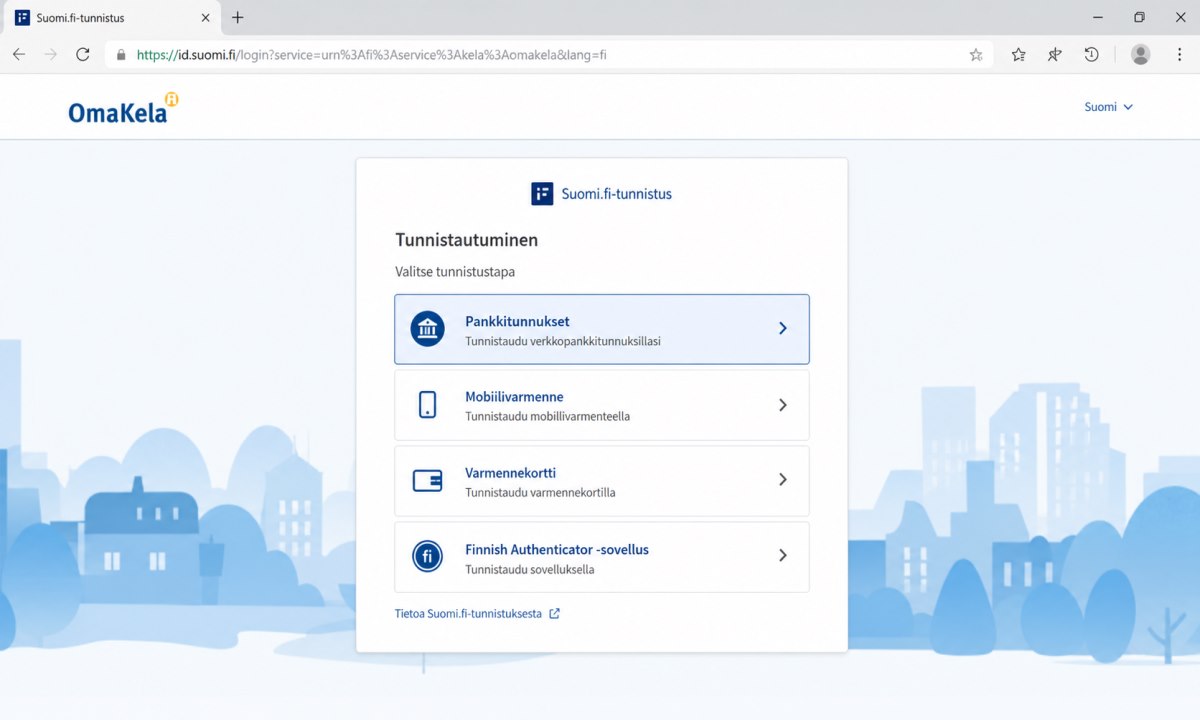 OmaKela-kirjautumissivu selaimessa, pankkitunnus-vaihtoehto korostettuna