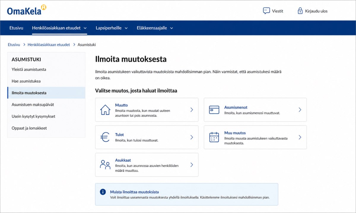 OmaKela-näkymä, jossa valitaan asumistuen muutosilmoitus