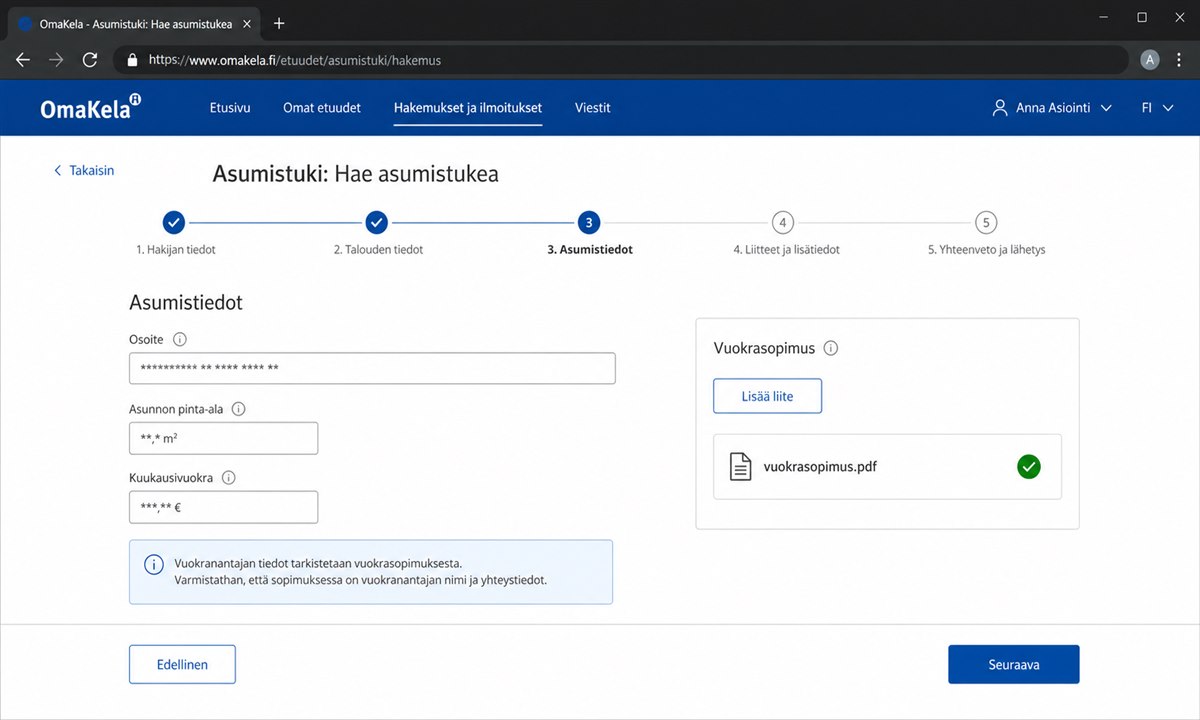 Asumistiedot ja vuokrasopimus asumistukihakemuksessa