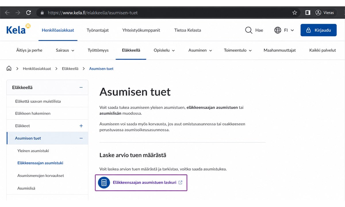 Kelan verkkosivujen navigaatio eläkeläisen asumistuki laskuriin