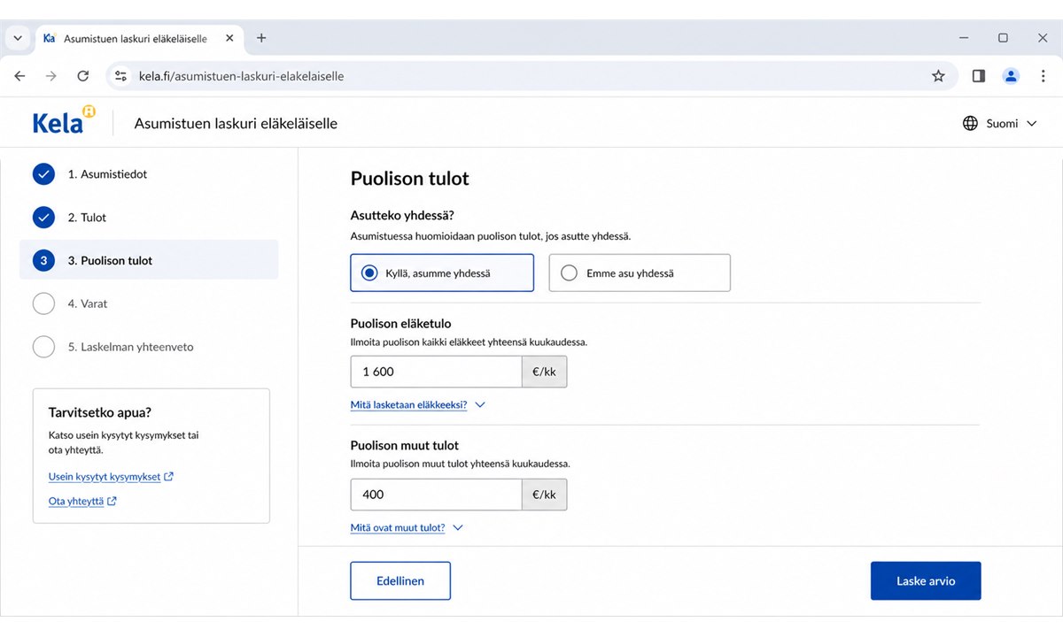 Puolison tulojen ilmoittaminen eläkeläisen asumistuki laskurissa