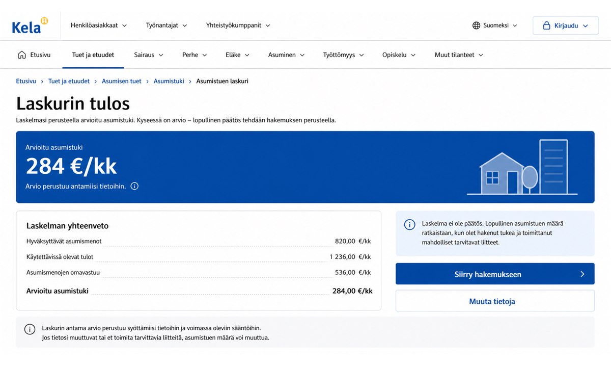 Eläkeläisen asumistuki laskurin tulos ja siirtyminen hakemukseen