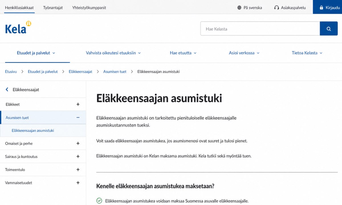 Kela verkkosivuston etusivu ja navigaatio eläkkeensaajan asumistukeen