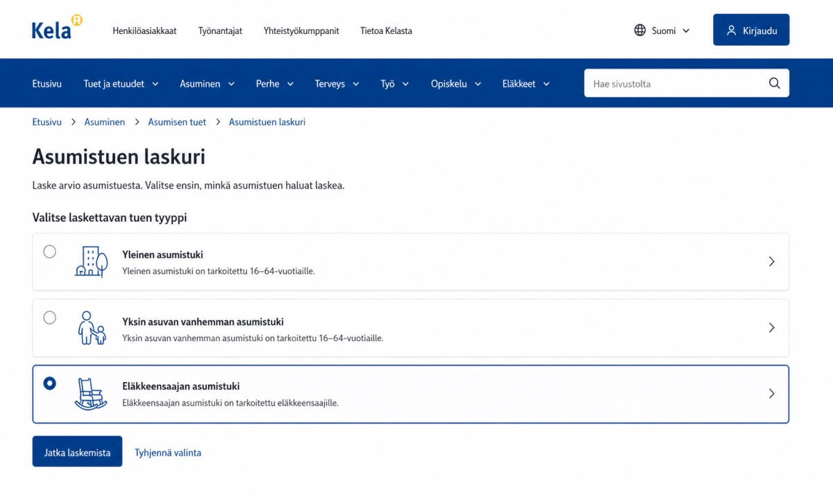 Kelan asumistuki laskuri tukityypin valinta