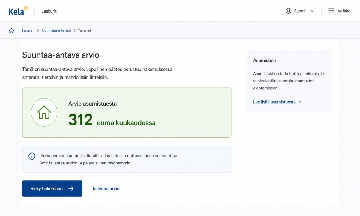Laskurin tulos ja siirtyminen asumistuen hakemiseen