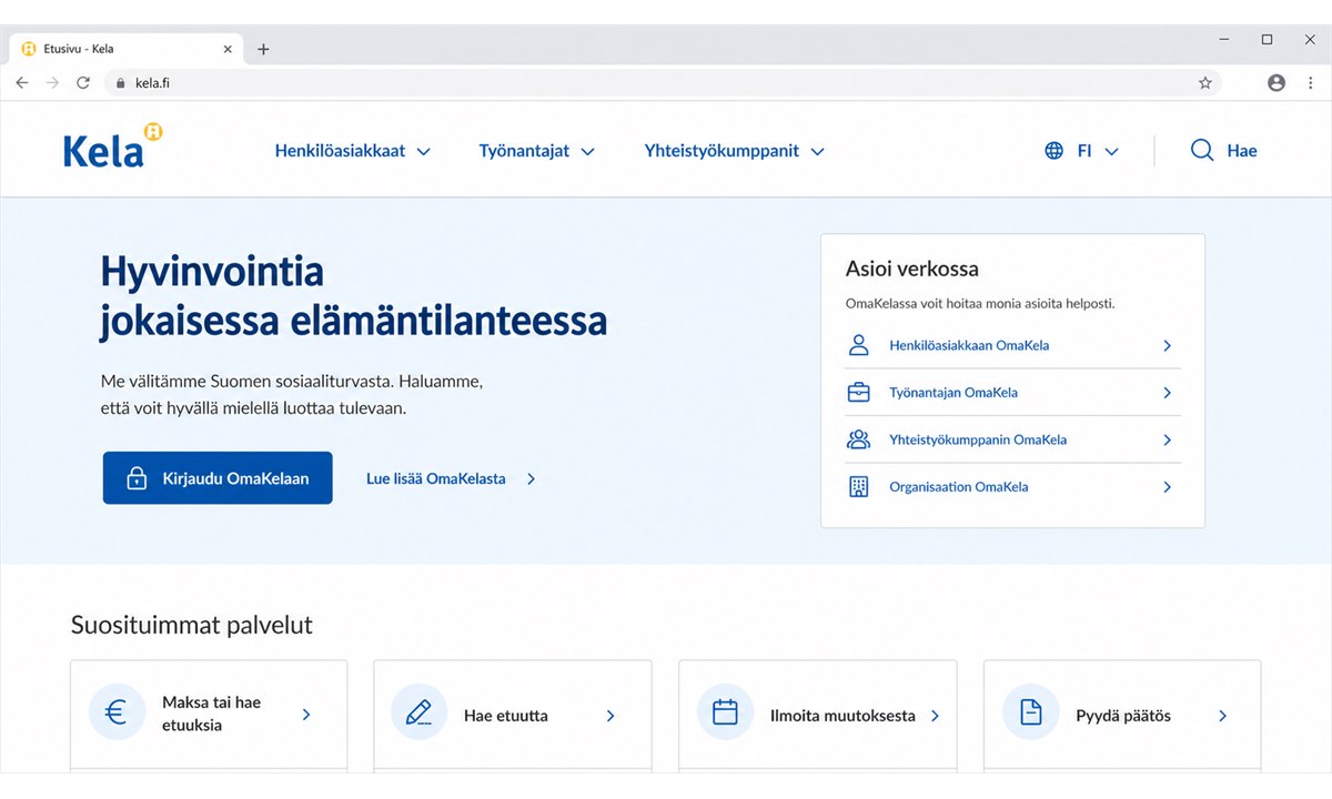 Kela fi etusivu ja OmaKela kirjautumispainike