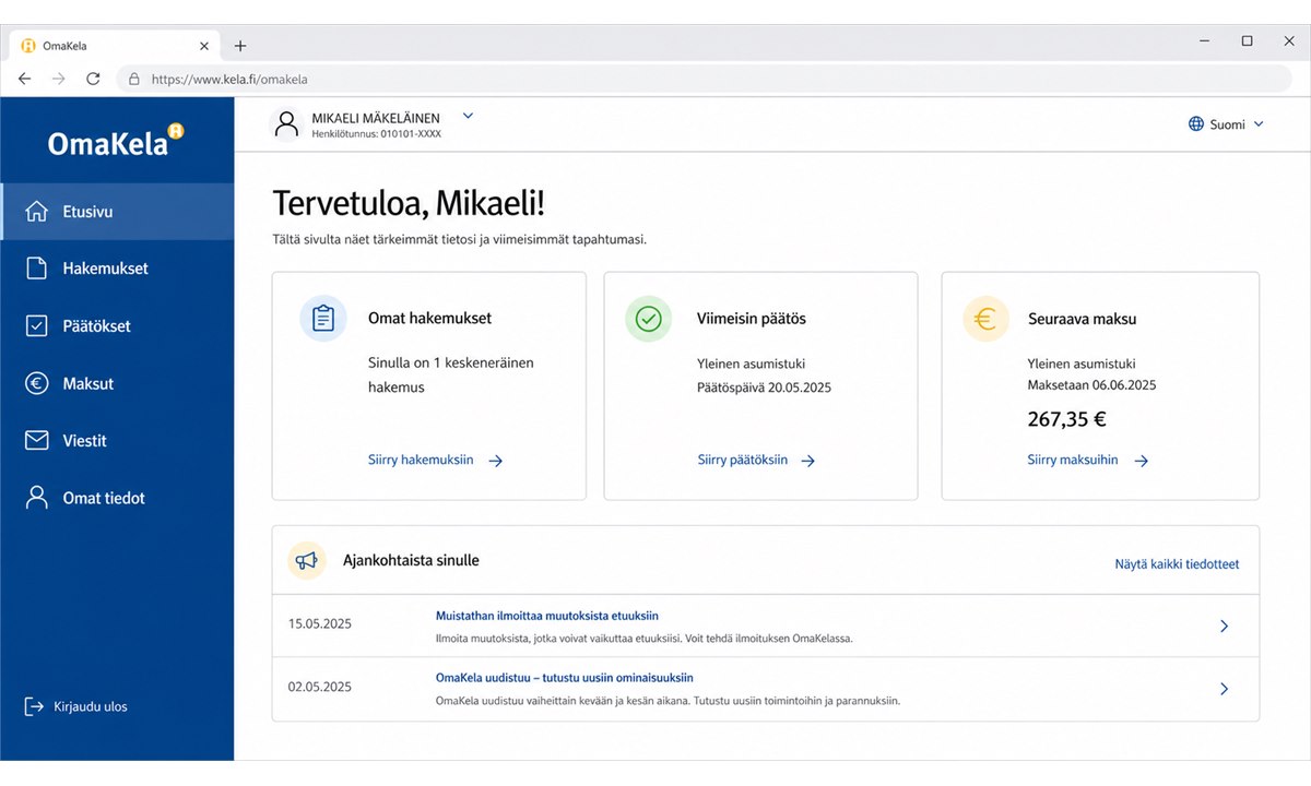 OmaKela henkilökohtainen etusivu ja navigaatiovasen palkki