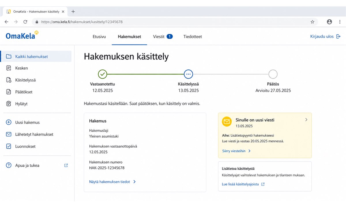 OmaKela hakemuksen käsittelytilanne ja viestit