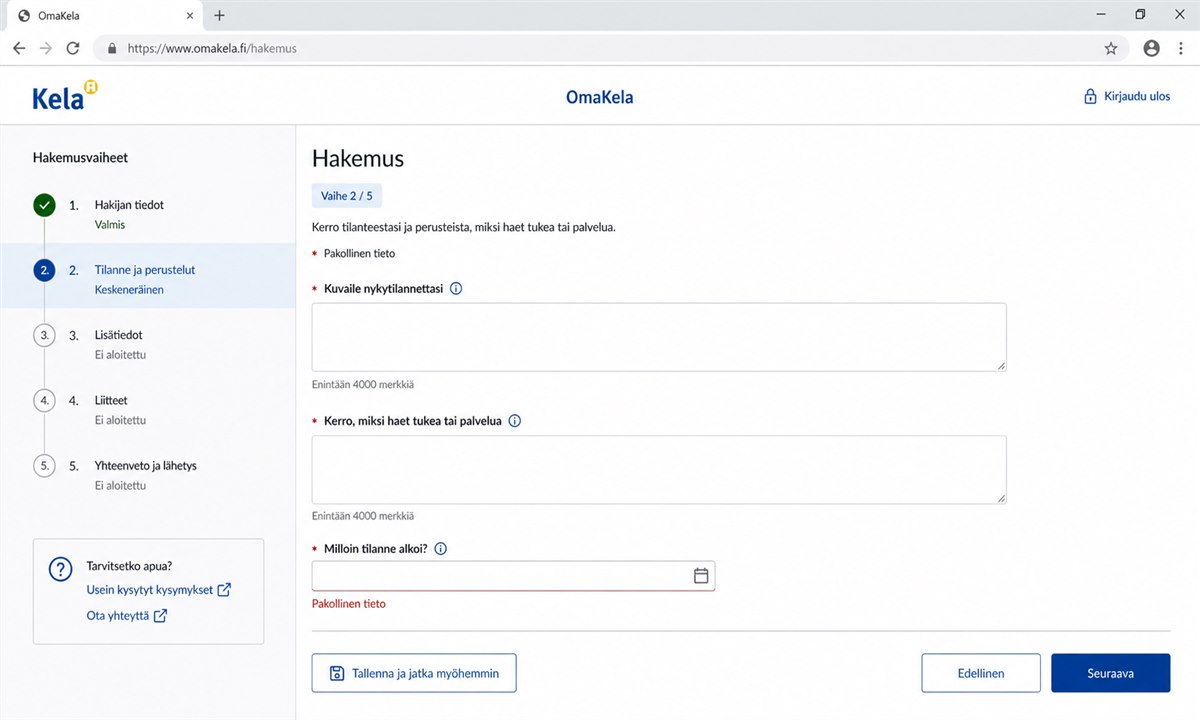OmaKela sähköinen hakemuslomake täyttäminen
