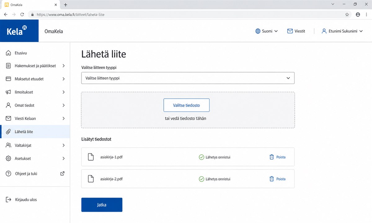 OmaKela liitteiden lähettäminen sähköisesti