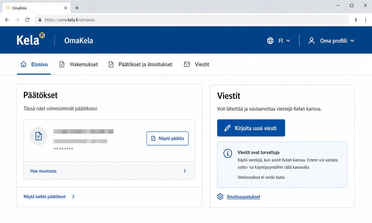 OmaKela päätössivu ja viestintä Kelan kanssa
