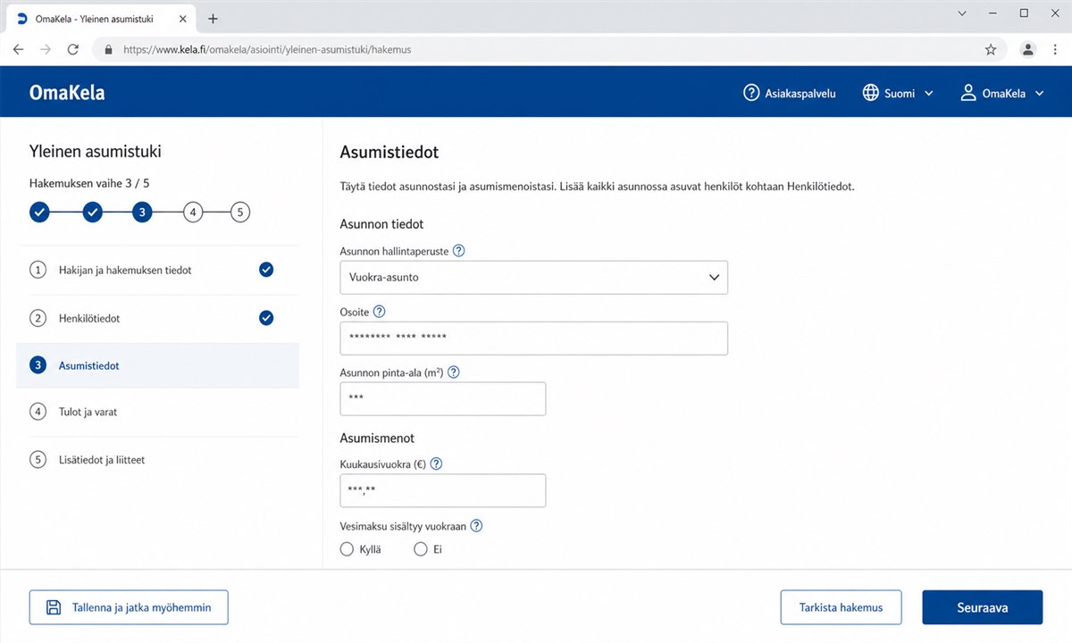 OmaKela hakemuksen täyttösivu asumistukihakemuksesta