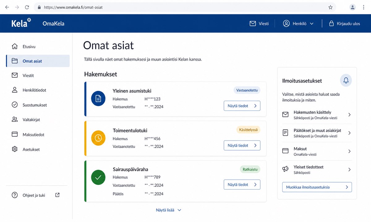 OmaKela hakemuksen käsittelytilanne ja oma asiat -näkymä